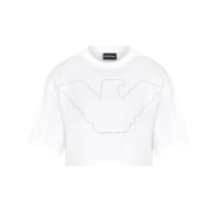 EMPORIO ARMANI T-SHIRT CROPPED A MANICA CORTA IN JERSEY STRETCH WHITE CON MAXI AQUILA IN STRASS SILVER	