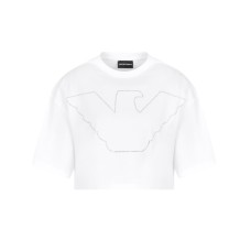 EMPORIO ARMANI T-SHIRT CROPPED A MANICA CORTA IN JERSEY STRETCH WHITE CON MAXI AQUILA IN STRASS SILVER	