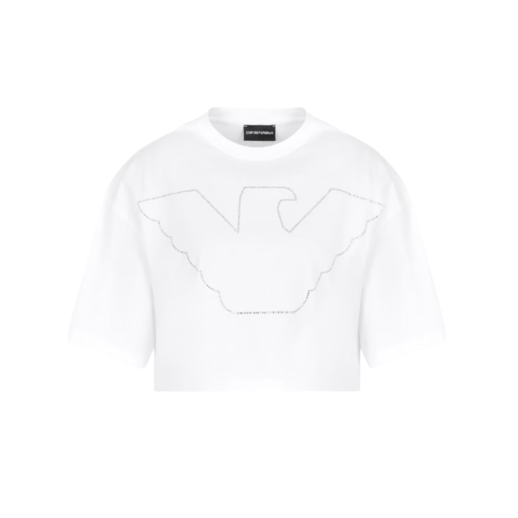 EMPORIO ARMANI T-SHIRT CROPPED A MANICA CORTA IN JERSEY STRETCH WHITE CON MAXI AQUILA IN STRASS SILVER	