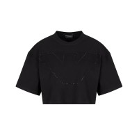 EMPORIO ARMANI T-SHIRT CROPPED A MANICA CORTA IN JERSEY STRETCH BLACK CON MAXI AQUILA IN STRASS 