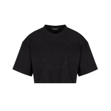 EMPORIO ARMANI T-SHIRT CROPPED A MANICA CORTA IN JERSEY STRETCH BLACK CON MAXI AQUILA IN STRASS 