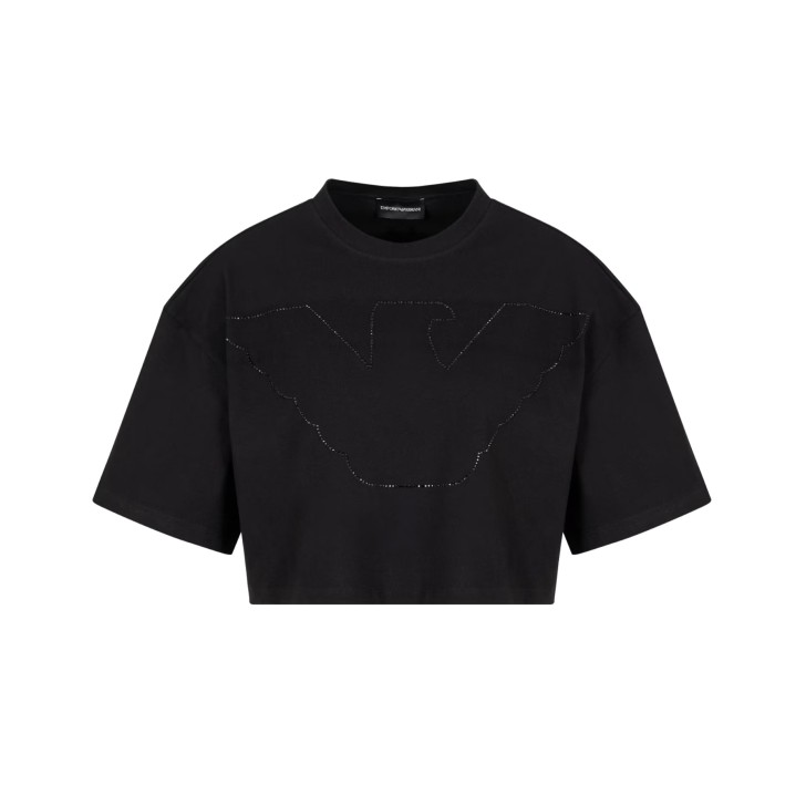 EMPORIO ARMANI T-SHIRT CROPPED A MANICA CORTA IN JERSEY STRETCH BLACK CON MAXI AQUILA IN STRASS 