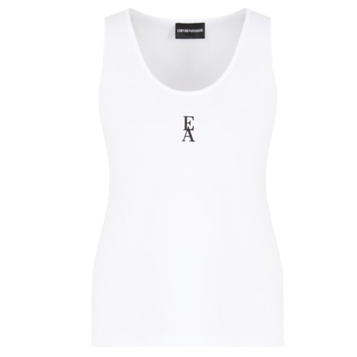 EMPORIO ARMANI TOP IN JERSEY DI COTONE STRETCH WHITE CON LOGO EA BLACK GOMMATO