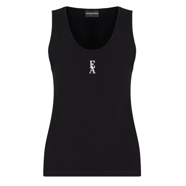 EMPORIO ARMANI TOP IN JERSEY DI COTONE STRETCH BLACK CON LOGO EA WHITE GOMMATO