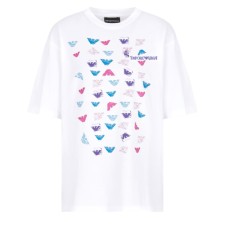 EMPORIO ARMANI T-SHIRT A MANICA CORTA WHITE IN JERSEY DI COTONE CON STAMPA AQUILE MULTICOLOR 