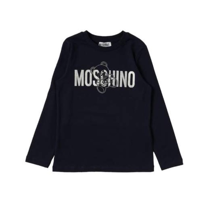 Moschino T- Shirt Nera manica lunga in cotone con logo lettering e Teddy Bear