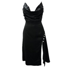 Giulia N Couture Abito nero in raso con spacco e bottoni con strass