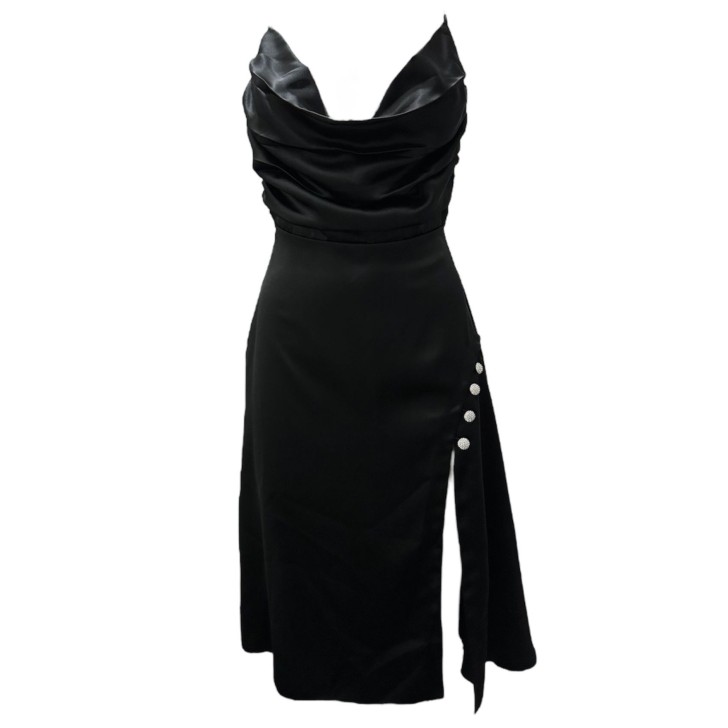 Giulia N Couture Abito nero in raso con spacco e bottoni con strass