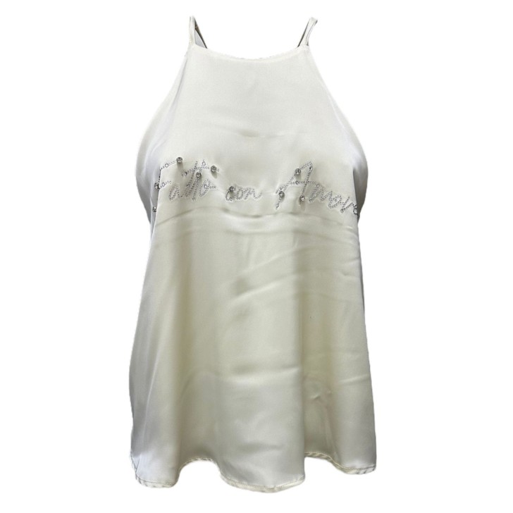 Giulia N Couture Top Burro Basic con logo lettering FATTO CON AMORE in strass argento
