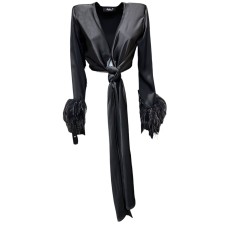 Giulia N Couture Blusa corta incrociata a manica lunga con piume