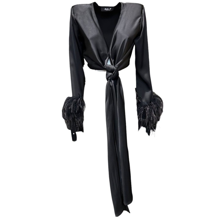 Giulia N Couture Blusa corta incrociata a manica lunga con piume