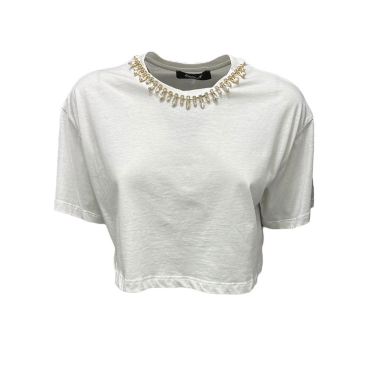 Giulia N Couture T-Shirt corta in cotone bianca Oversize a manica corta con dettaglio gioiello estraibile