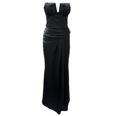 Giulia N Couture Abito lungo con spacco Red Carpet nero in raso drappeggiato con dettagli gioiello e bretelle in strass estraibili