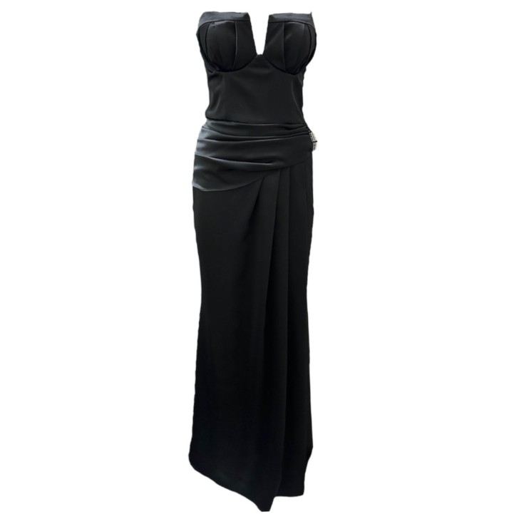 Giulia N Couture Abito lungo con spacco Red Carpet nero in raso drappeggiato con dettagli gioiello e bretelle in strass estraibili