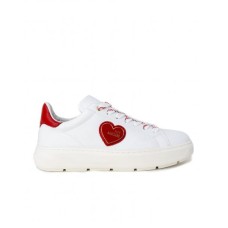 Love Moschino Sneakers in pelle Bianca con applicazione laterale rosso in metallo con logo