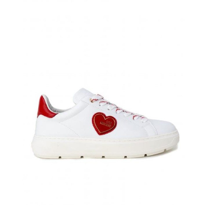 Love Moschino Sneakers in pelle Bianca con applicazione laterale rosso in metallo con logo