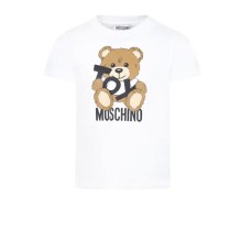 MOSCHINO T-SHIRT IN COTONE WHITE UNISEX A MANICA CORTA CON LOGO LETTERING BLACK E TEDDY BEAR	