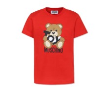 MOSCHINO T-SHIRT IN COTONE RED UNISEX A MANICA CORTA CON LOGO LETTERING BLACK E TEDDY BEAR	
