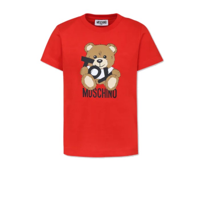 MOSCHINO T-SHIRT IN COTONE RED UNISEX A MANICA CORTA CON LOGO LETTERING BLACK E TEDDY BEAR	