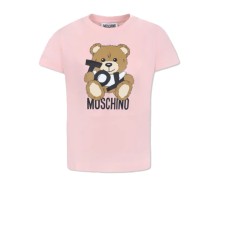 MOSCHINO T-SHIRT IN COTONE PINK UNISEX A MANICA CORTA CON LOGO LETTERING BLACK E TEDDY BEAR	