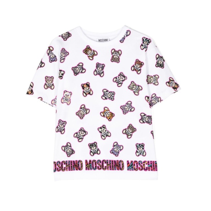 Moschino MAXI T-SHIRT IN COTONE A MANICA CORTA BIANCA CON TEDDY BEAR ALL OVER 