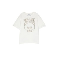 Moschino MAXI T-SHIRT A MANICA CORTA BIANCA IN COTONE CON LOGO LETTERING E TEDDY BEAR IN STRASS