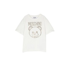 Moschino MAXI T-SHIRT A MANICA CORTA BIANCA IN COTONE CON LOGO LETTERING E TEDDY BEAR IN STRASS