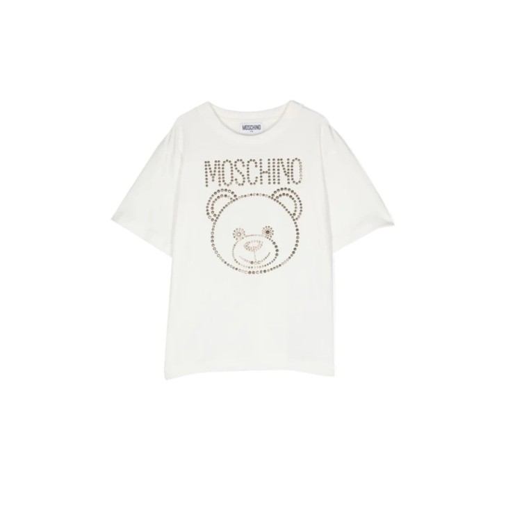Moschino MAXI T-SHIRT A MANICA CORTA BIANCA IN COTONE CON LOGO LETTERING E TEDDY BEAR IN STRASS