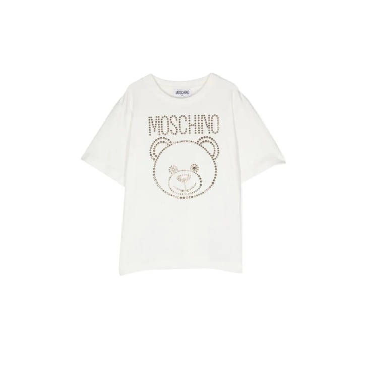 Moschino MAXI T-SHIRT A MANICA CORTA BIANCA IN COTONE CON LOGO LETTERING E TEDDY BEAR IN STRASS