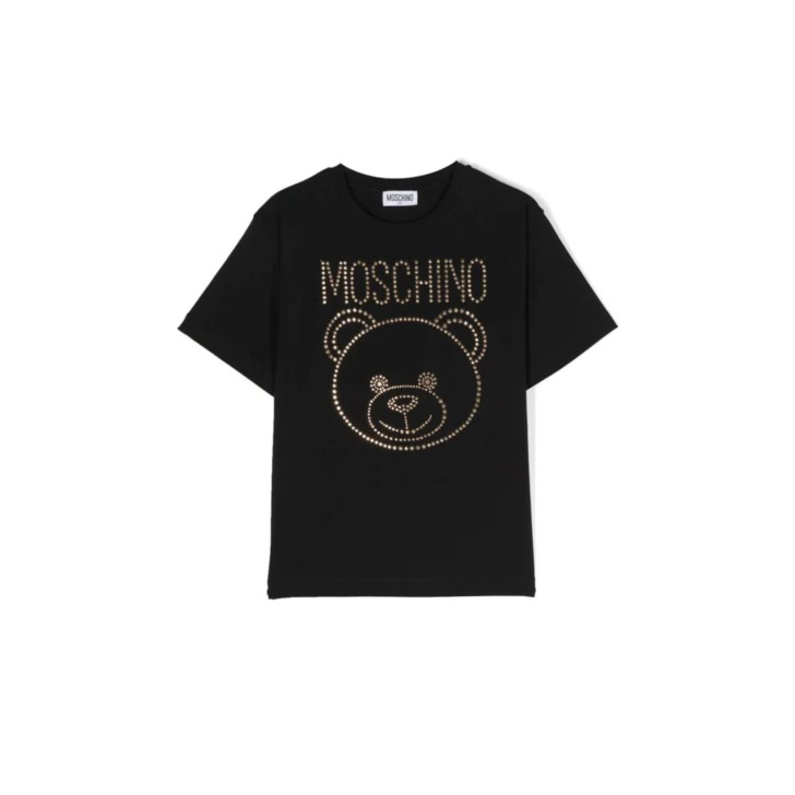 Moschino MAXI T-SHIRT A MANICA CORTA NERA IN COTONE CON LOGO LETTERING E TEDDY BEAR IN STRASS