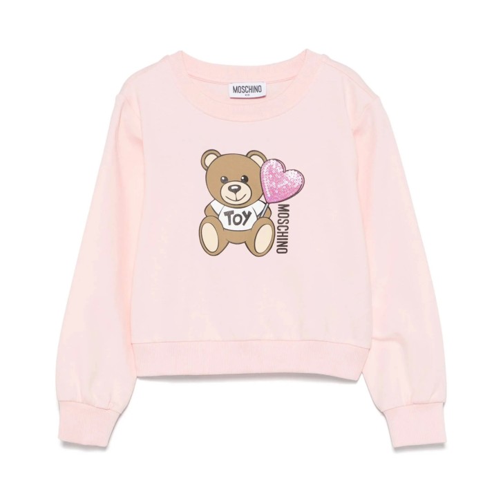MOSCHINO FELPA A GIROCOLLO IN COTONE PINK CON LOGO LETTERING E TEDDY BEAR	