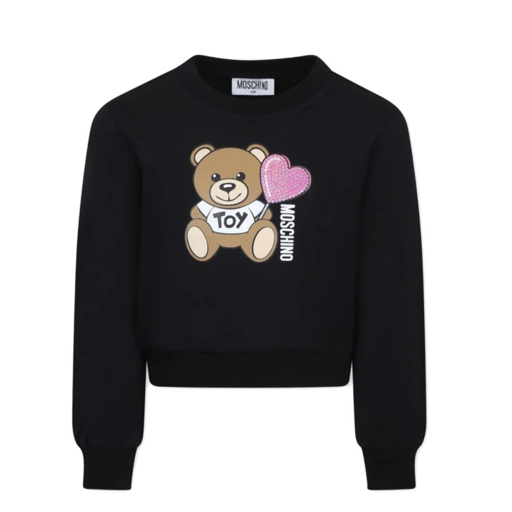 MOSCHINO FELPA A GIROCOLLO IN COTONE BLACK CON LOGO LETTERING E TEDDY BEAR 