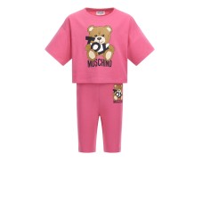 MOSCHINO COMPLETO T-SHIRT/SHORTS FUCSIA CON LOGO LETTERING BLACK E TEDDY BEAR