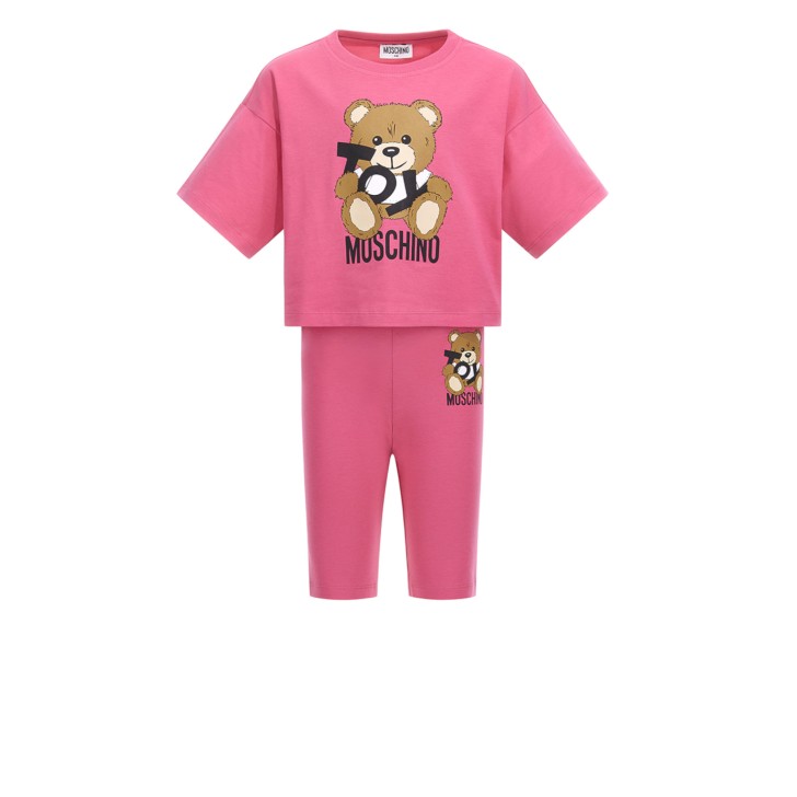 MOSCHINO COMPLETO T-SHIRT/SHORTS FUCSIA CON LOGO LETTERING BLACK E TEDDY BEAR