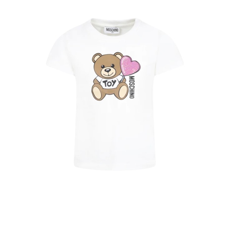 MOSCHINO T-SHIRT IN COTONE A MANICA CORTA WHITE CON LOGO LETTERING E TEDDY BEAR	