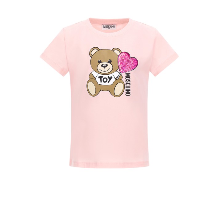 MOSCHINO T-SHIRT IN COTONE A MANICA CORTA PINK CON LOGO LETTERING E TEDDY BEAR