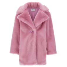 MOSCHINO CAPPOTTO A DOPPIOPETTO IN PELLICCIA ROSA CON MAXI LOGO LETTERING