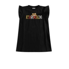 MOSCHINO ABITO A MANICA CORTA IN COTONE BLACK CON LOGO LETTERING MULTICOLOR E TEDDY BEAR