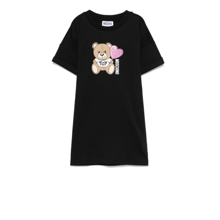 MOSCHINO ABITO IN COTONE A MANICA CORTA BLACK CON LOGO LETTERING E TEDDY BEAR