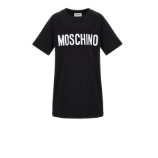 MOSCHINO ABITO IN COTONE BLACK A MANICA CORTA CON LOGO LETTERING WHITE