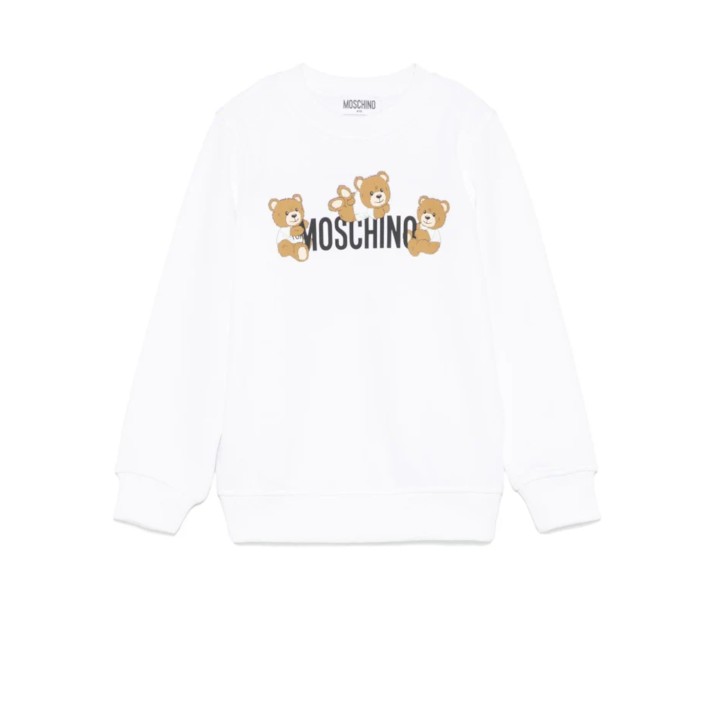 MOSCHINO FELPA A GIROCOLLO IN COTONE WHITE UNISEX CON LOGO LETTERING E TEDDY BEAR	