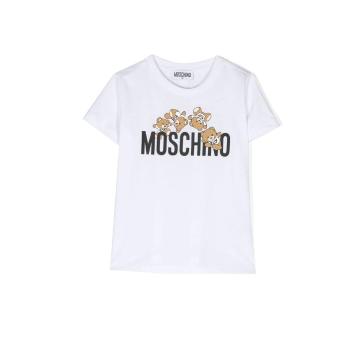 Moschino T-SHIRT BIANCA A MANICA CORTA IN COTONE CON LOGO LETTERING E TEDDY BEAR