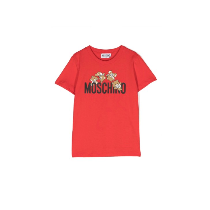 Moschino T-SHIRT ROSSA A MANICA CORTA IN COTONE CON LOGO LETTERING E TEDDY BEAR