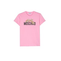 Moschino T-SHIRT ROSA A MANICA CORTA IN COTONE CON LOGO LETTERING E TEDDY BEAR