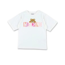 MOSCHINO MAXI T-SHIRT IN COTONE WHITE A MANICA CORTA UNISEX CON LOGO LETTERING E TEDDY BEAR	