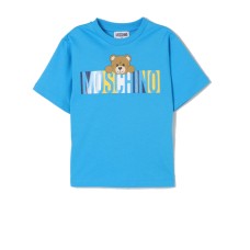 MOSCHINO MAXI T-SHIRT IN COTONE SKY BLUE A MANICA CORTA UNISEX CON LOGO LETTERING E TEDDY BEAR	