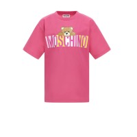 MOSCHINO MAXI T-SHIRT IN COTONE FUCSIA A MANICA CORTA UNISEX CON LOGO LETTERING E TEDDY BEAR