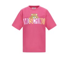 MOSCHINO MAXI T-SHIRT IN COTONE FUCSIA A MANICA CORTA UNISEX CON LOGO LETTERING E TEDDY BEAR
