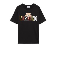 MOSCHINO MAXI T-SHIRT IN COTONE BLACK A MANICA CORTA UNISEX CON LOGO LETTERING E TEDDY BEAR	