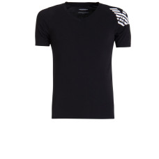 Emporio Armani T-shirt in cotone nera con collo a V e  Logo Aquila stampato